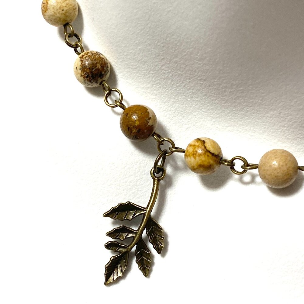 Genuine Yellow Picture Jasper Short Necklace, Bronze Leaf Branch Charm +Gemstone